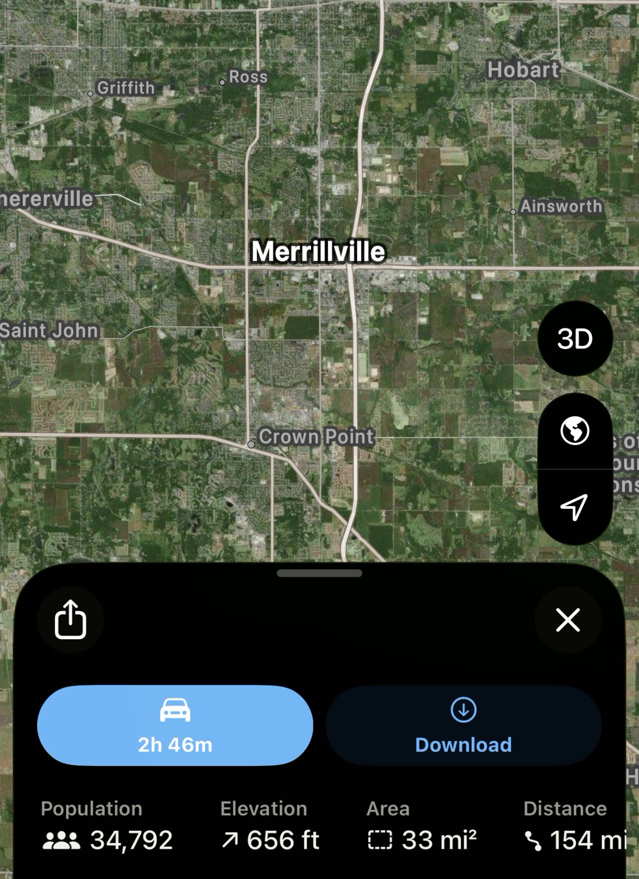 Map showing Merrillville and the nearly three-hour drive.